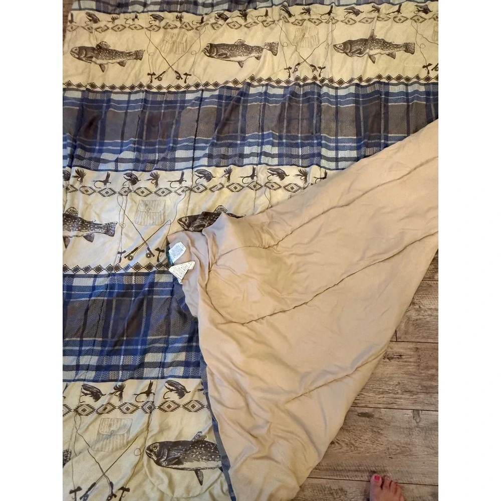 Remington Fly Fishing Trout Plaid Comforter Lodge Cabin Decor Blue Tan Full Size